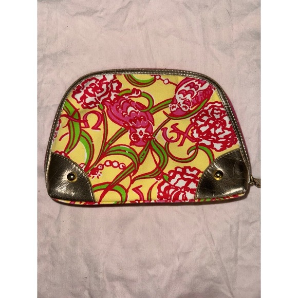 Lilly Pulitzer cosmetics makeup chi omega yellowpink floral zipper‎ bag - Picture 3 of 9